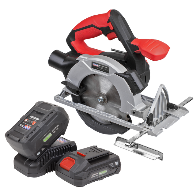 The Circular Saw Kit 20V SV20 Series Ø150mm by Sealey, model CP20VCSKIT, featuring a red and black handle, comes with two batteries and a battery charger – perfect for cutting wood efficiently.