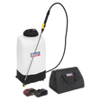 A Sealey Cordless Garden Backpack Sprayer 15L 20V 2Ah SV20 Series - CP20VGBSKIT1, complete with a spray wand, battery pack, charger, and carrying bag, displayed against a white background.