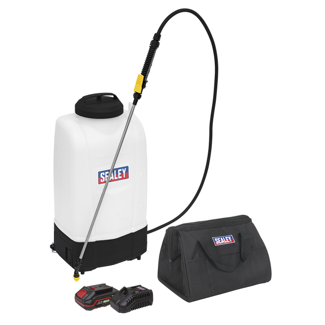 A Sealey Cordless Garden Backpack Sprayer 15L 20V 2Ah SV20 Series - CP20VGBSKIT1, complete with a spray wand, battery pack, charger, and carrying bag, displayed against a white background.