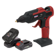 The Cordless Glue Gun Kit 20V SV20 Series by Sealey features a red and black body design, shown with two additional lithium-ion batteries and a charger. The brand "Sealey" is clearly visible on the gun, which is part of the SV20 Series.