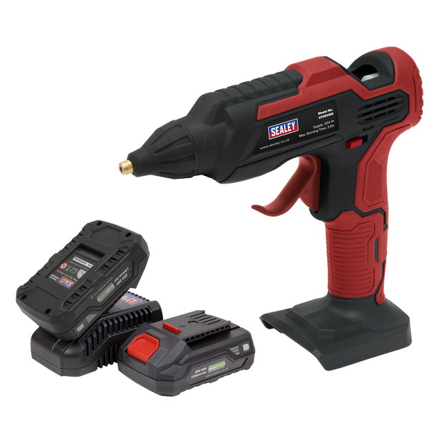 The Cordless Glue Gun Kit 20V SV20 Series by Sealey features a red and black body design, shown with two additional lithium-ion batteries and a charger. The brand "Sealey" is clearly visible on the gun, which is part of the SV20 Series.