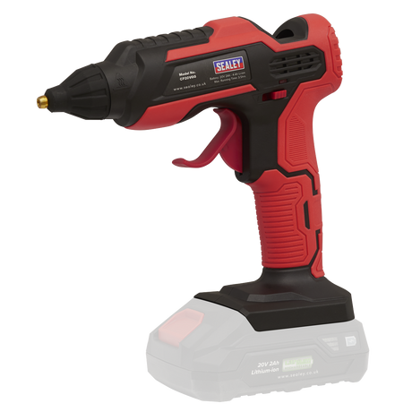 A Cordless Glue Gun 20V SV20 Series - Body Only (CP20VGG) by Sealey, featuring a red and black design and powered by a robust 20V lithium-ion battery pack.
