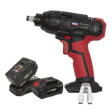 The Sealey Impact Wrench 20V SV20 Series 1/2" Sq Drive - CP20VIWKIT comes with a red and black handle, two lithium-ion battery packs, and a metal hook attachment.