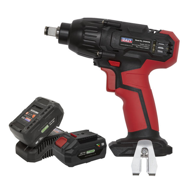 The Sealey Impact Wrench 20V SV20 Series 1/2" Sq Drive - CP20VIWKIT comes with a red and black handle, two lithium-ion battery packs, and a metal hook attachment.
