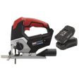 The Sealey Cordless Jigsaw Kit 20V 2Ah SV20 Series - CP20VJSKIT1, a red and black cordless jigsaw with variable speed control, includes a 20V battery pack and charger, all showcased on a white background.