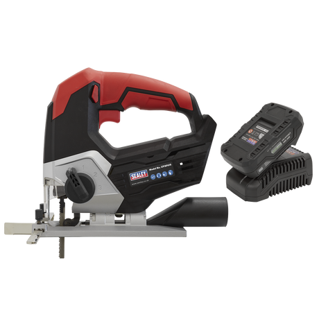 The Sealey Cordless Jigsaw Kit 20V 2Ah SV20 Series - CP20VJSKIT1, a red and black cordless jigsaw with variable speed control, includes a 20V battery pack and charger, all showcased on a white background.