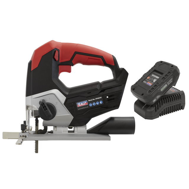 The Sealey Cordless Jigsaw Kit 20V 2Ah SV20 Series - CP20VJSKIT1, a red and black cordless jigsaw with variable speed control, includes a 20V battery pack and charger, all showcased on a white background.