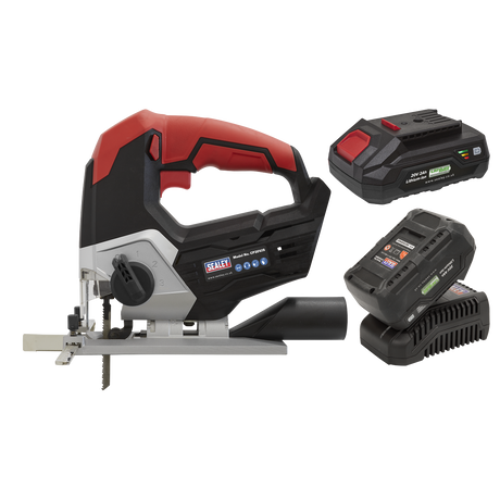 Image of the Sealey Cordless Jigsaw Kit 20V SV20 Series (CP20VJSKIT) featuring a red and black handle, accompanied by two power tool batteries and a charger.