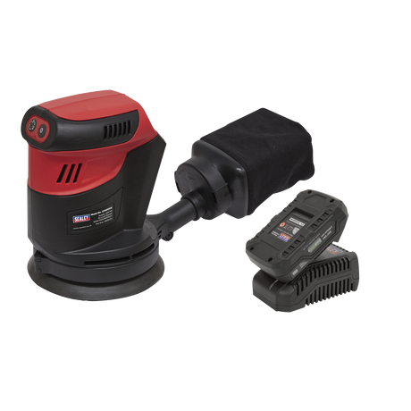 A Sealey Cordless Orbital Palm Sander Kit Ø125mm 20V 2Ah SV20 Series - CP20VOSKIT1, featuring a red and black design with a dust bag attachment, rechargeable battery, and charging station, displayed on a white background.