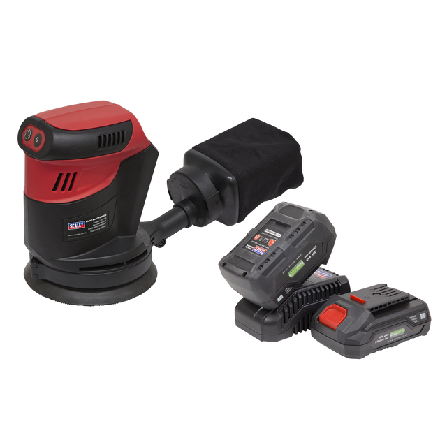 A Sealey Cordless Orbital Palm Sander Kit Ø125mm 20V SV20 Series, model CP20VOSKIT, is shown in red and black with a dust collection bag, accompanied by two battery packs and a battery charger.