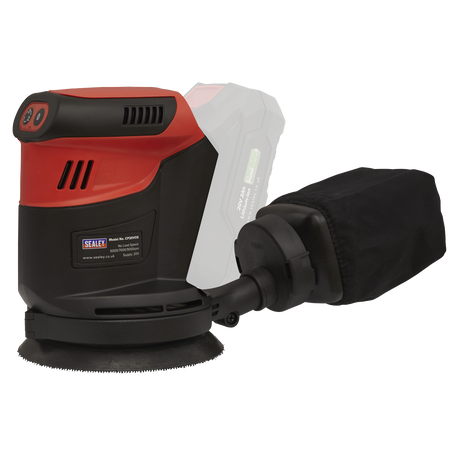 The Sealey Cordless Orbital Palm Sander Kit Ø125mm 20V 2Ah from the SV20 Series, model CP20VOSKIT1, features a red and black design. It includes a dust collection bag attached to the right side and has an empty battery slot visible at the rear.