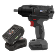 The Brushless Impact Wrench Kit 1/2" Sq Drive 20V 4Ah SV20 Series - CP20VPIWKIT1 from Sealey features a cordless impact wrench with a sleek black and red design, a brushless motor, and comes complete with a battery pack and charger.