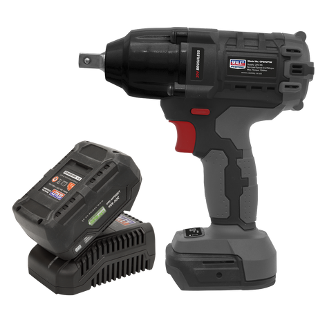 The Brushless Impact Wrench Kit 1/2" Sq Drive 20V 4Ah SV20 Series - CP20VPIWKIT1 from Sealey features a cordless impact wrench with a sleek black and red design, a brushless motor, and comes complete with a battery pack and charger.