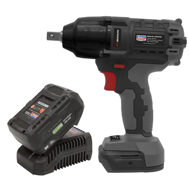 The Brushless Impact Wrench Kit 1/2" Sq Drive 20V 4Ah SV20 Series - CP20VPIWKIT1 from Sealey features a cordless impact wrench with a sleek black and red design, a brushless motor, and comes complete with a battery pack and charger.