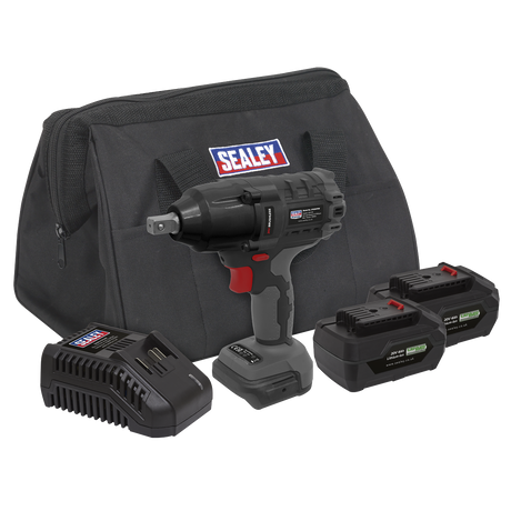 Introducing the Sealey Brushless Impact Wrench Kit 1/2"Sq Drive 20V SV20 Series (CP20VPIWKIT) with two batteries, a charging dock, and a sleek black carrying bag—all proudly branded with the "Sealey" logo.