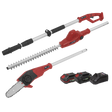 A red and black Sealey Telescopic Cordless Hedge Trimmer & Chainsaw Kit from the SV20 Series, model CP20VTPCOMBO, includes a pole hedge trimmer, chainsaw attachment, two rechargeable 20V batteries with a one-battery-fits-all system, and a charging station.