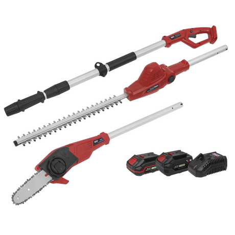 A red and black Sealey Telescopic Cordless Hedge Trimmer & Chainsaw Kit from the SV20 Series, model CP20VTPCOMBO, includes a pole hedge trimmer, chainsaw attachment, two rechargeable 20V batteries with a one-battery-fits-all system, and a charging station.
