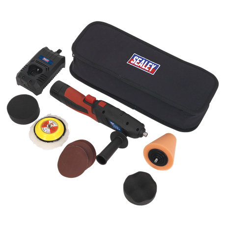 The Sealey Cordless Mini Sander/Polisher Kit Ø75mm 12V Lithium-ion - CP2812V features variable speed control, a range of attachments and accessories, a carrying case, and a charger.
