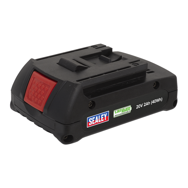 A rechargeable 20V, 2Ah (40Wh) Sealey Lithium-ion Battery (CP3BP) with a red release button and Sealey branding label, compatible with tools such as the CP314 and CP316 Cordless Riveters.