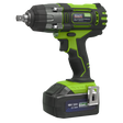 The Sealey Cordless Impact Wrench 18V 3Ah Lithium-ion 1/2"Sq Drive Hi-Vis - CP400LIHV, featuring a green and black design, is shown with an all-metal gear construction and a variable speed trigger. This high-performance tool delivers a torque of up to 550Nm.