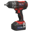 A cordless impact wrench from Sealey, model CP400LI, featuring an 18V, 3Ah lithium-ion battery pack and a variable speed trigger for precise control, offers up to 550Nm of torque in a red and black design.