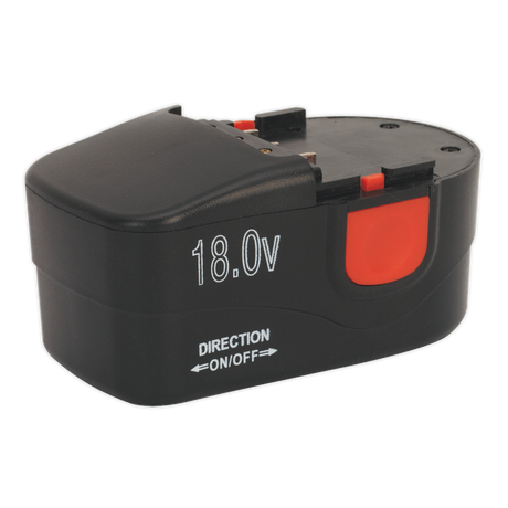 A black 18.0V rechargeable battery pack from Sealey, labeled as Model No. CPG18VBP, featuring a red latch and an on/off switch.
