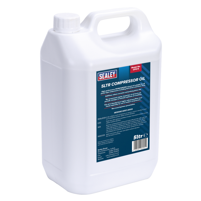 A 5-litre container of Sealey Compressor Oil 5L - CPO/5, featuring a sleek white design and a blue label filled with product information and safety instructions. Made from high-quality mineral oils to ensure optimal performance.