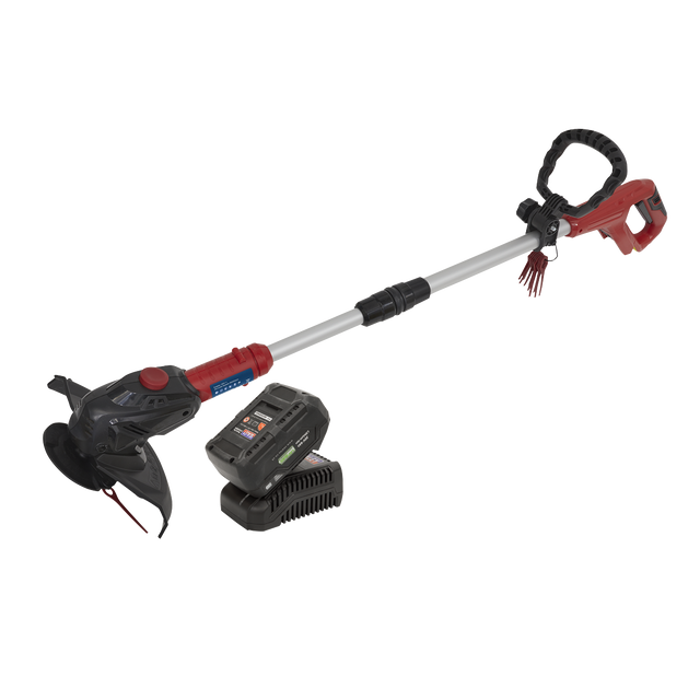 The Sealey Strimmer Cordless 20V SV20 Series with 4Ah Battery & Charger - CS20VCOMBO4 features a red and black handle, an adjustable shaft, a battery, and a charger. Plus, one battery fits all your tools for maximum convenience.