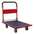 The Sealey Platform Truck 300kg Capacity - CST992 features a red and black design with a four-wheel configuration, a rubberised deck for a non-slip surface, and a foldable handle. It is ideal for warehouse applications.