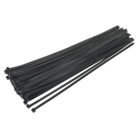 A bundle of Sealey Cable Tie 650 x 12mm Black Pack of 50 (CT65012P50), constructed from heat-resistant nylon 66, arranged in a line on a white background. Perfect for workshop applications.