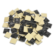 A pack of 100 Sealey Self-Adhesive Cable Tie Mounts (CTM2020B), each black and 20x20mm in size, with square shapes, adhesive backs, screw holes for added security, and central holes for securing cables.