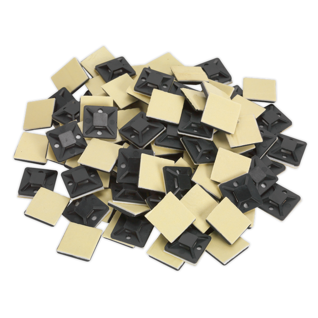 A pack of 100 Sealey Self-Adhesive Cable Tie Mounts (CTM2020B), each black and 20x20mm in size, with square shapes, adhesive backs, screw holes for added security, and central holes for securing cables.