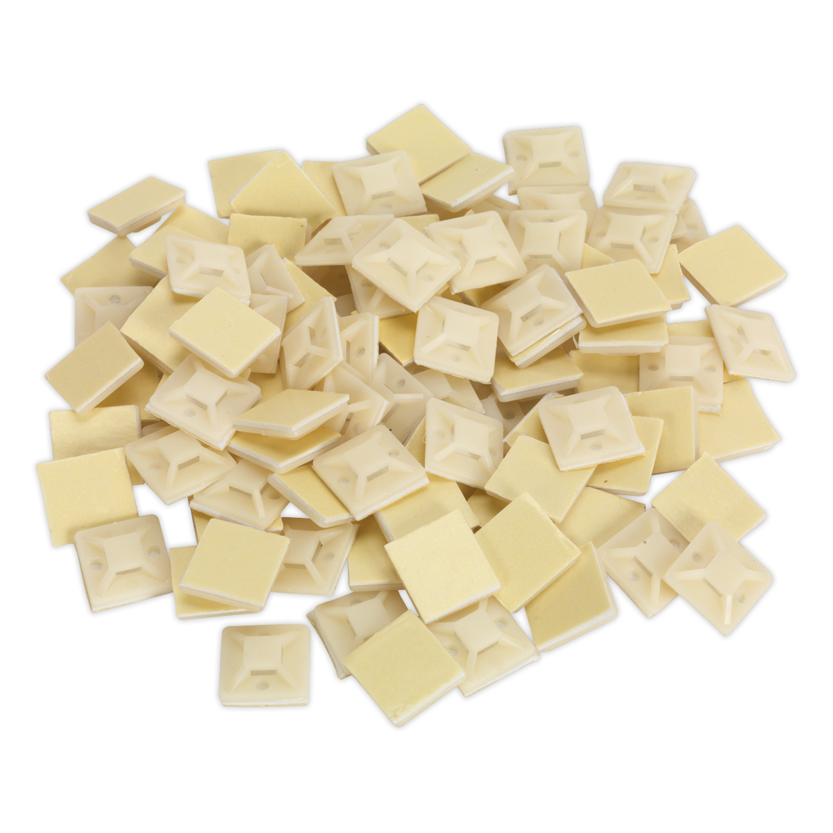 A pack of Sealey Self-Adhesive Cable Tie Mounts, 20 x 20mm in white (Product Code: CTM2020W), designed to accept ties up to 5mm in width, is arranged on a white surface.