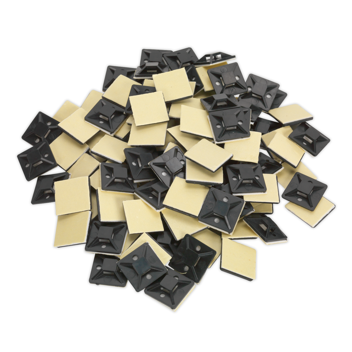 A pile of Sealey Self-Adhesive Cable Tie Mounts 25 x 25mm black (CTM2525B) with screw holes scattered randomly.