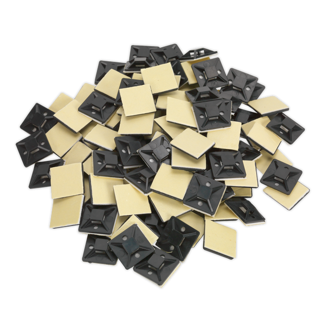 A pile of Sealey Self-Adhesive Cable Tie Mounts 25 x 25mm black (CTM2525B) with screw holes scattered randomly.