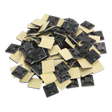 A pack of 100 black Sealey Self-Adhesive Cable Tie Mounts (30 x 30mm, CTM3030B) with square bases and yellow protective backing.