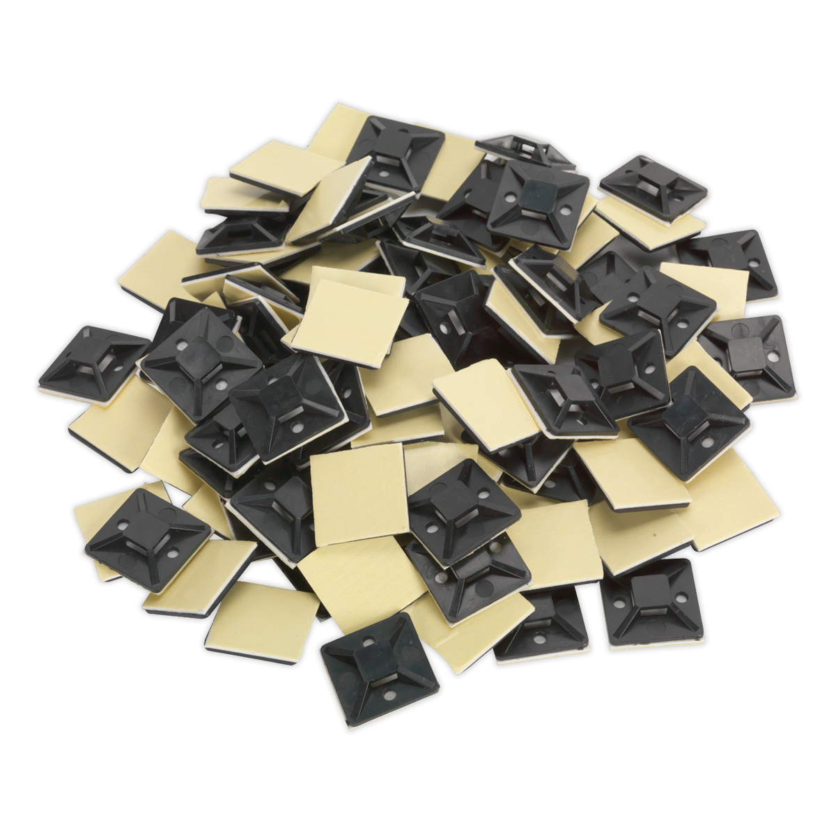 A pack of 100 black Sealey Self-Adhesive Cable Tie Mounts (30 x 30mm, CTM3030B) with square bases and yellow protective backing.