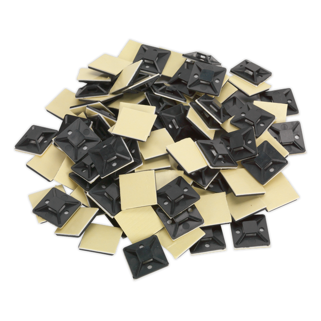 A pack of 100 black Sealey Self-Adhesive Cable Tie Mounts (30 x 30mm, CTM3030B) with square bases and yellow protective backing.