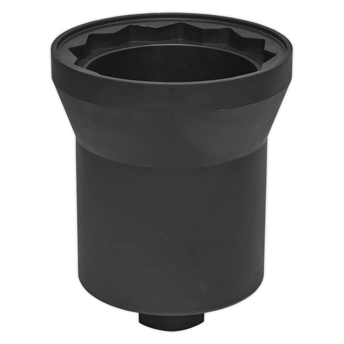 Introducing the Sealey Axle Nut Socket - Mercedes Benz 95mm H36 Drive - CV015: a durable, drop-forged chrome molybdenum socket wrench with a black cylindrical design and a star-shaped opening, perfect for gripping Mercedes trailer axle nuts.