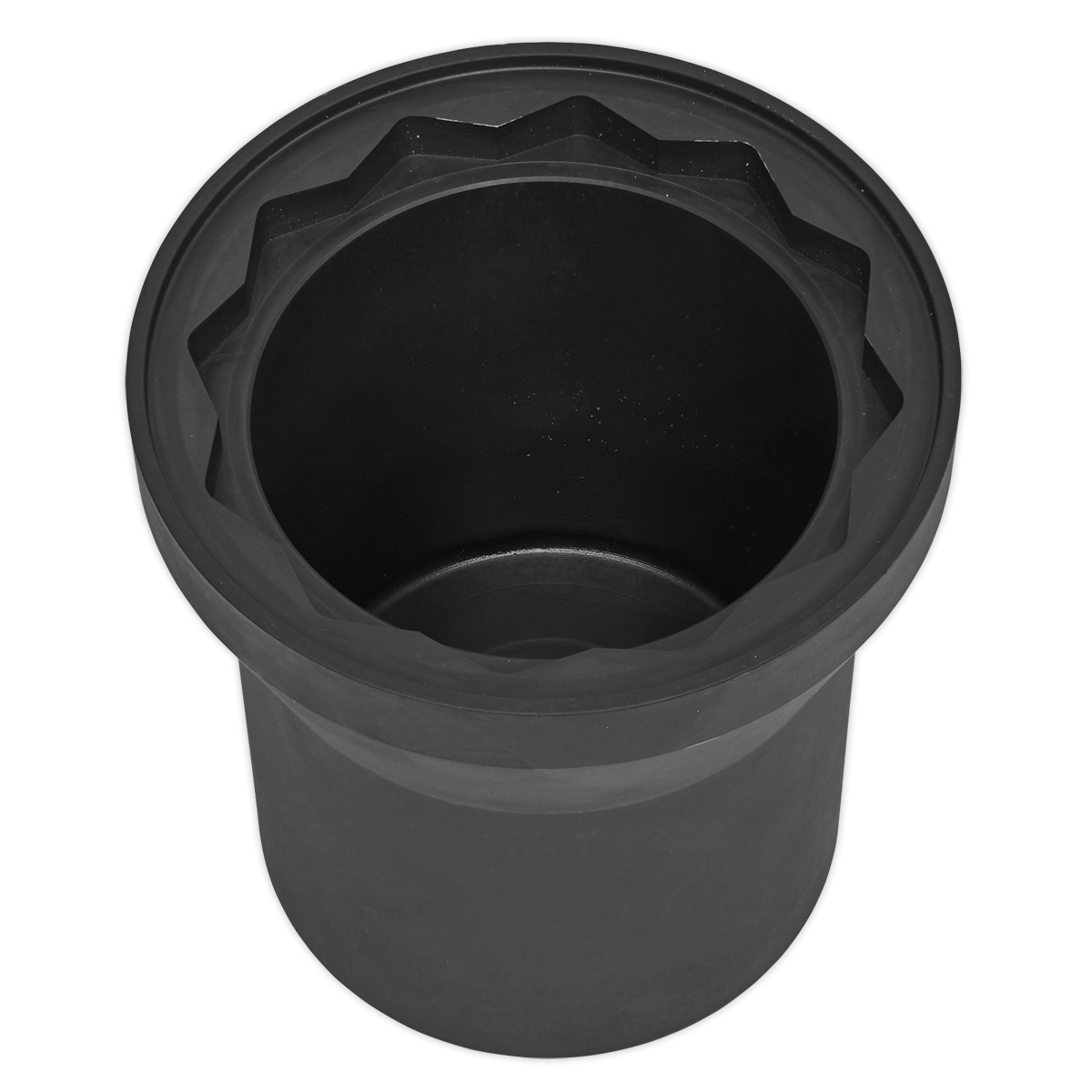 Close-up of the Sealey Axle Nut Socket - Mercedes Benz 95mm H36 Drive, model CV015, featuring a black, cylindrical drop-forged design with a grooved top edge, specifically crafted for fitting over fasteners such as those on a Mercedes trailer axle nut.