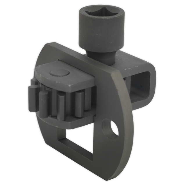 A robust Sealey Crankshaft Rotator for Mercedes 1/2" square drive (CV037) featuring multiple gears and an angular design, with a circular socket at the top, embodying precision akin to that found in Mercedes commercial vehicles.