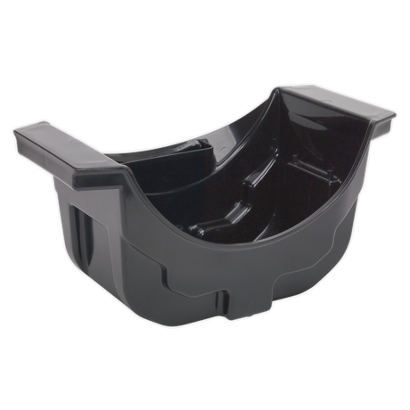 The Axle Oil Drain Pan 2L - CV124 by Sealey is a black plastic pan made from durable polypropylene material, featuring a curved design and reinforced side flanges tailored to fit standard oil drainage systems.