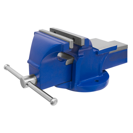 The Sealey Vice 125mm Fixed Base - CV125E is a blue metal bench vise featuring serrated steel jaws and a silver handle, making it perfect for securing objects during work processes. Crafted from durable cast iron, this bench mounting vice ensures stability and precision.