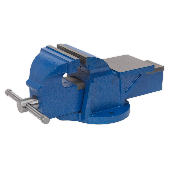 The Sealey Vice 150mm Fixed Base Professional Heavy-Duty - CV150XT features a robust blue cast iron body, serrated steel jaws, and a silver handle for tightening, all mounted on a fixed base.