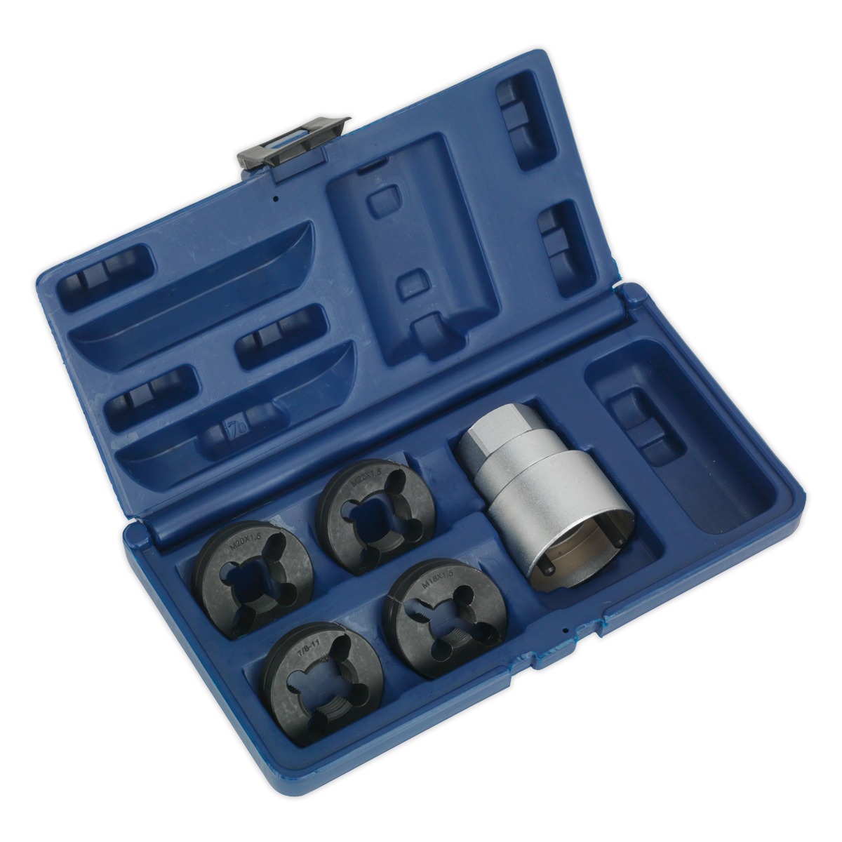 The Sealey Reverse Action Wheel Stud Thread Restorer Kit - Commercial - CV203 is a blue plastic storage case that contains four black circular dies for cleaning damaged threads and a metal tool, all organized in designated slots, and suitable for various wheel bolt thread sizes.