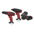 Two red Sealey 20V SV20 Series Cordless Ø13mm Combi Drill/1/4" Hex Drive Impact Driver Combo Kits with black handles are placed next to two black Power Tool Batteries on a white background.