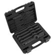 A black plastic case from the Sealey brand containing a set of five organized black metal Brake Caliper Slogging Wrenches (CV212) with foam cutouts for secure placement. The case is open, displaying the contents inside, including a torque wrench ideal for maintaining commercial vehicles.