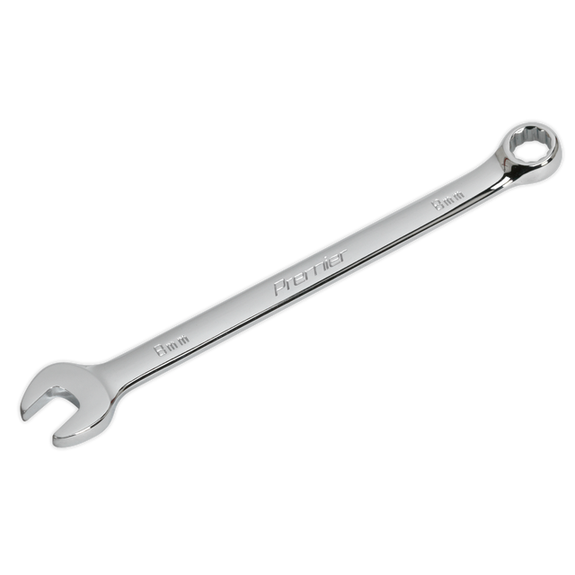 A silver combination spanner with an open-end and a box-end, marked with "8 mm" and "CW08," crafted from durable Chrome Vanadium steel by Sealey.