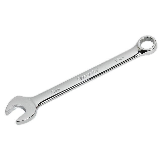 A 15mm Sealey Combination Spanner (CW15) with an open end on one side and a box end on the other, crafted from durable Chrome Vanadium steel.