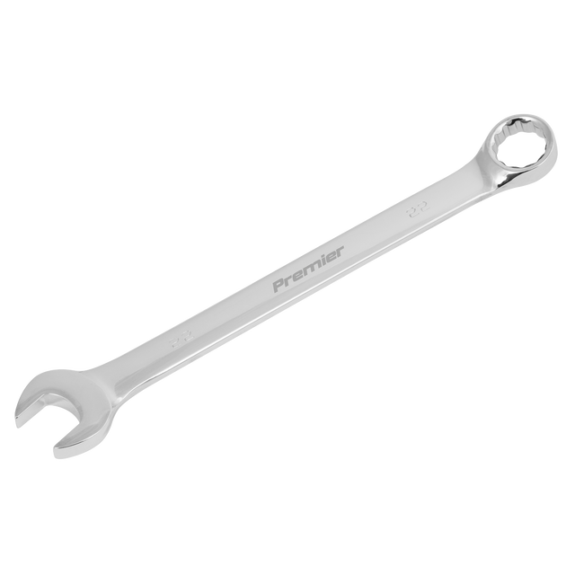 Image of a 22mm combination spanner with an open-end on one side and a box-end on the other. The Sealey brand name is visible on the handle, boasting Chrome Vanadium Steel construction that is both hardened and tempered for durability.